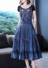 Vestidos de mezclilla de algodón con tirantes finos, bordados, volantes azules y corte entallado